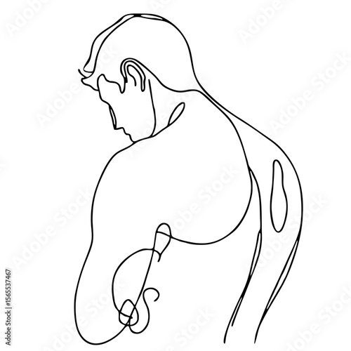 Exhaustion: handsome man in graceful theatrical pose of despair — minimalist single-line black drawing. One line art.