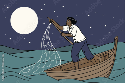 Fisherman casting net from boat under full moon fishing