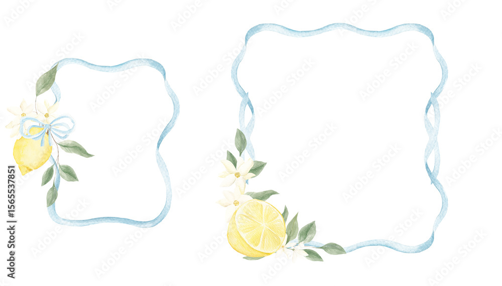 custom made wallpaper toronto digitalWatercolor frames of lemons. Hand-painted lemons. Blue ribbon frame. Fruit border. Set for decoration, holiday design. Greek, Spanish style. Summer.