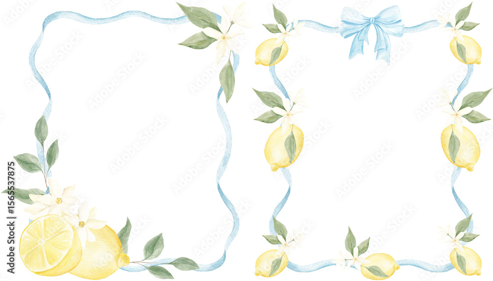 custom made wallpaper toronto digitalWatercolor frames of lemons. Hand-painted lemons. Blue ribbon frame. Fruit border. Set for decoration, holiday design. Greek, Spanish style. Summer.