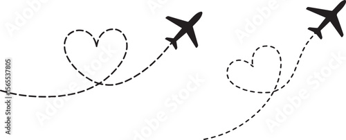 Airplane Heart Path Icon Set – Romantic Travel Vector with Dotted Love Trails for Wedding, Honeymoon, or Travel Design

