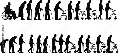 Silhouettes of people using mobility aids, wheelchair, cane, walker, rollator, aging and disability concept, physical support stages, rehabilitation, healthcare illustration, medical design