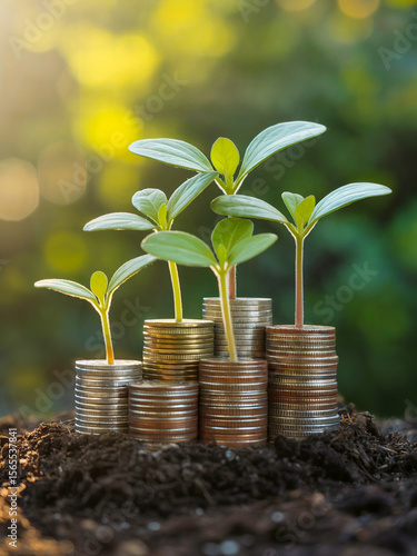 Eco-Investment Idea with Young Plants Emerging from Metallic Currency Stacks on Soil