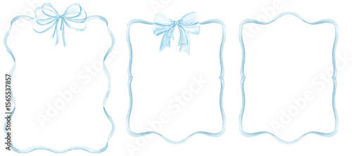 Coquette Bow Frame Clipart, Watercolor Bow Frames, Vintage Ribbon Borders, Wedding Invitation, Baby Shower, Blue Bow Frames, Bows,Ribbon 