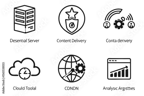 Six essential server icons isolated on white background