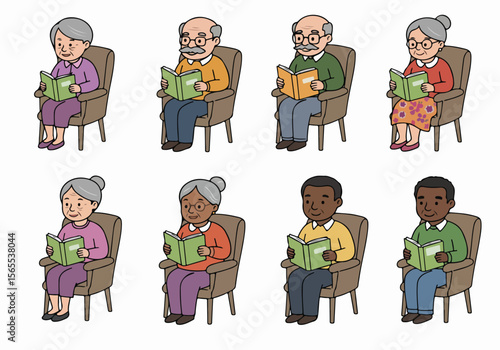 Set of illustrations featuring diverse elderly people sitting and reading books, depicting leisure, education, and retirement activities.