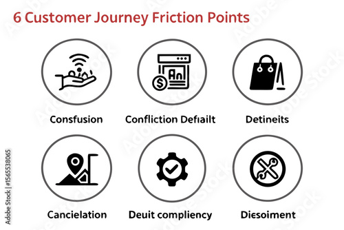 Six customer journey icons isolated on white background