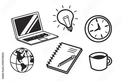 Office supplies and work tools isolated on white background