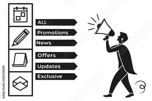 Man with megaphone announces promotions isolated on white background