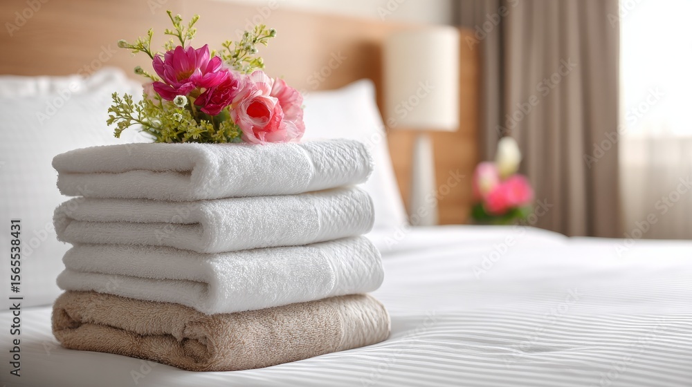 Neatly stacked towels and flowers arranged on a hotel bed Neatly stacked towels and flowers arranged on a hotel bed