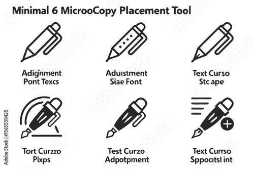 Six pen icons are isolated on white background