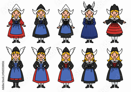 Set of cartoon illustrations featuring Dutch women and girls in various traditional folk costumes and dresses from different regions of the Netherlands.