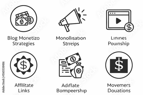 Six black and white business icons isolated on white background