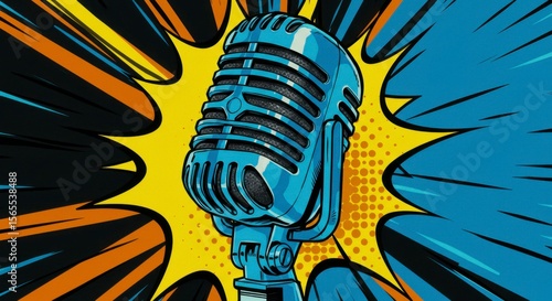 A retro-styled microphone, center framed with vibrant burst effects. Its glossy finish highlights the illustration