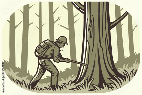 Man with backpack chopping tree in forest vector