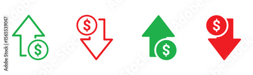Money increase icon with arrow up symbol, dollar decrease icon . profit and lose money icons ,  vector illustration . 