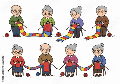 Illustrations of elderly people knitting colorful scarves, enjoying their creative hobby and leisure time.