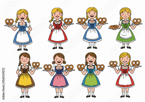 Collection of Cartoon Women in Dirndl Costumes Holding Pretzels - Oktoberfest and Bavarian Tradition Illustration
