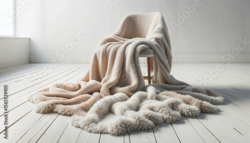 cozy beige fleece blanket draped over a modern chair