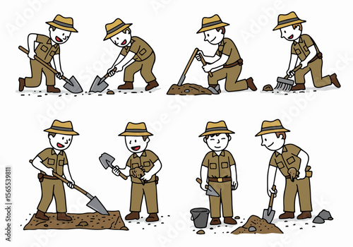 Set of cartoon illustrations showing archaeologists digging, excavating, and discovering artifacts with shovels, brushes, and trowels.