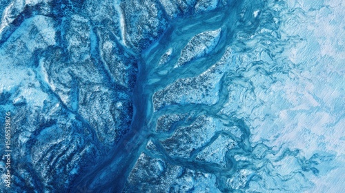 Top down Satellite view of a frozen Arctic landscape intricate ice patterns deep blues and whites