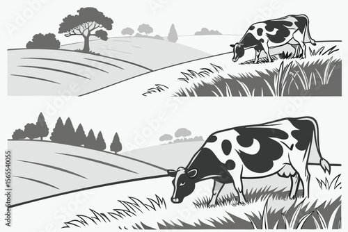 Two black and white cows grazing in rolling hills landscape