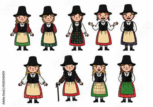 Cartoon characters of women in traditional Welsh costumes, standing with various expressions and poses, illustrated on a white background.