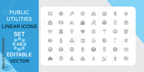 48 editable linear icons depicting various public utilities, including water, energy, transportation, and communication services. Perfect for web and app design.