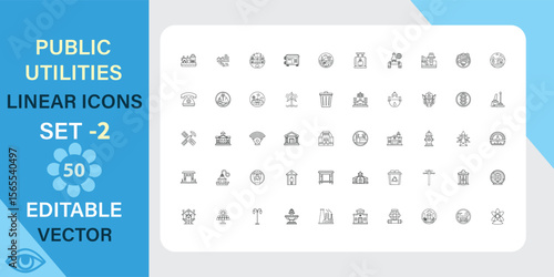Public utilities linear icons set. Electricity, water, gas and more. Outline vector icon in linear style. Editable stroke. Vector illustration.