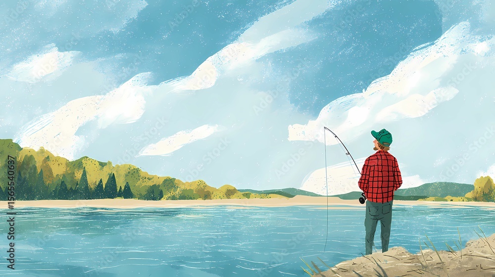 Naklejka premium A single person fishing along the riverbank, embodying tranquility, nature, and a quiet lifestyle away from the city.