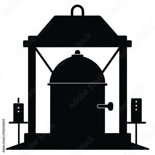 Silhouette of oldfashioned safe with shelves and boxes surrounding it against a transparent background