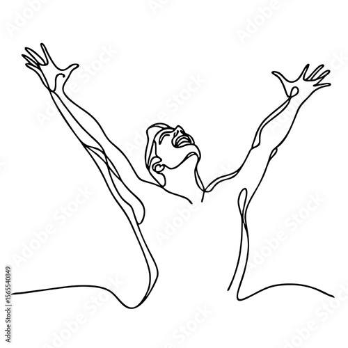 Jubilant Elation: handsome man in graceful theatrical pose expressing boundless joy — minimalist single-line black drawing. One line art.