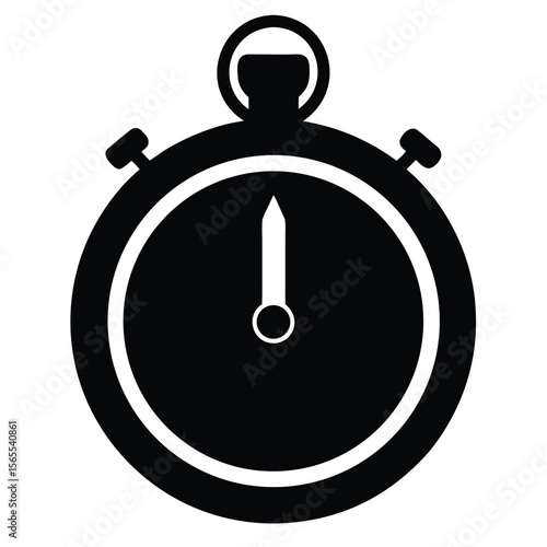 Stopwatch in black displays the time at twelve, isolated on a transparent background