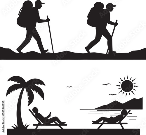 Hiker Silhouette and Leisure: This captivating illustration presents the contrast between the arduous journey of hiking and the serene relaxation of a beachside getaway.