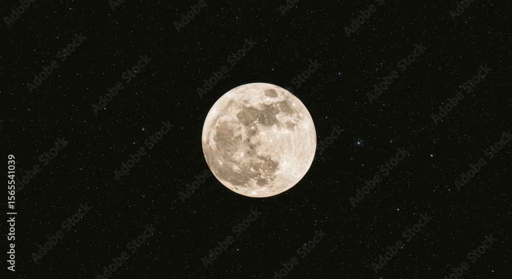 Fototapeta premium Full moon dominates the night sky, speckled with countless stars. A celestial scene of serene beauty