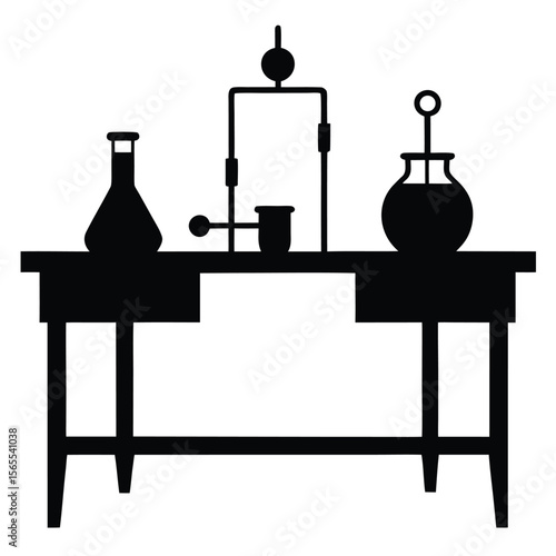 Chemistry workbench displaying flasks and equipment illustrates a science with a transparent background