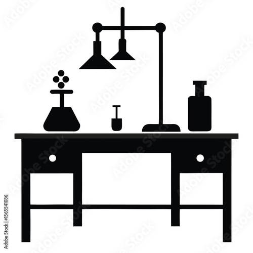 Black laboratory bench features glassware with a lamp stand, all presented on a transparent background