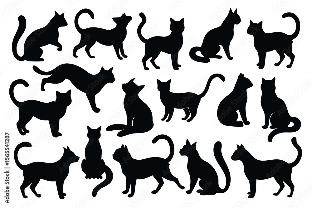 Fototapeta premium Collection of black cat silhouettes various poses