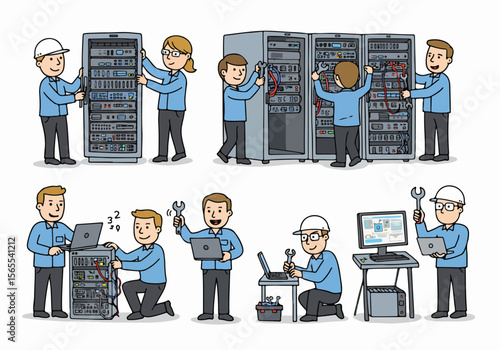 Cartoon illustration of IT technicians and engineers performing server maintenance, computer repair, and network support in a data center.