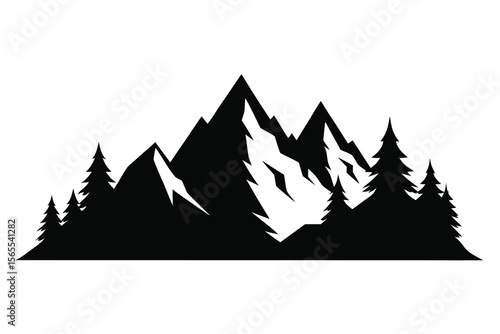 Majestic mountain range silhouette with evergreen trees