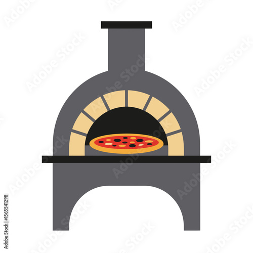 A lit oven with a pizza being prepared inside