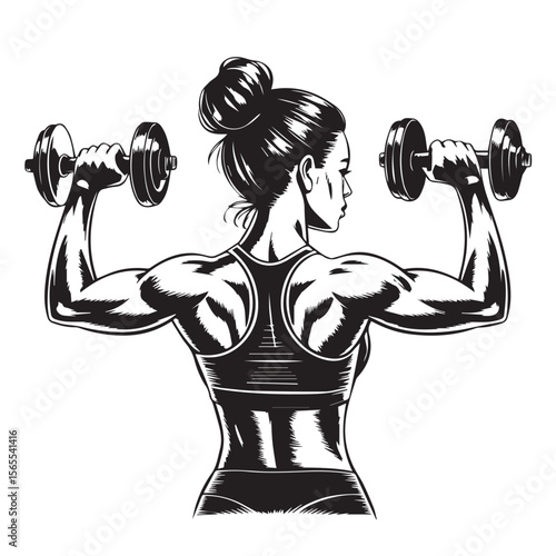 A muscular woman lifting dumbbells, viewed from behind, isolated on white background
