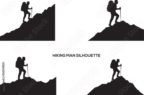 Ascending Silhouette: A stark, high-contrast silhouette depicts a hiker scaling a mountainous incline, a symbol of determination and the human spirit against a challenging landscape. 
