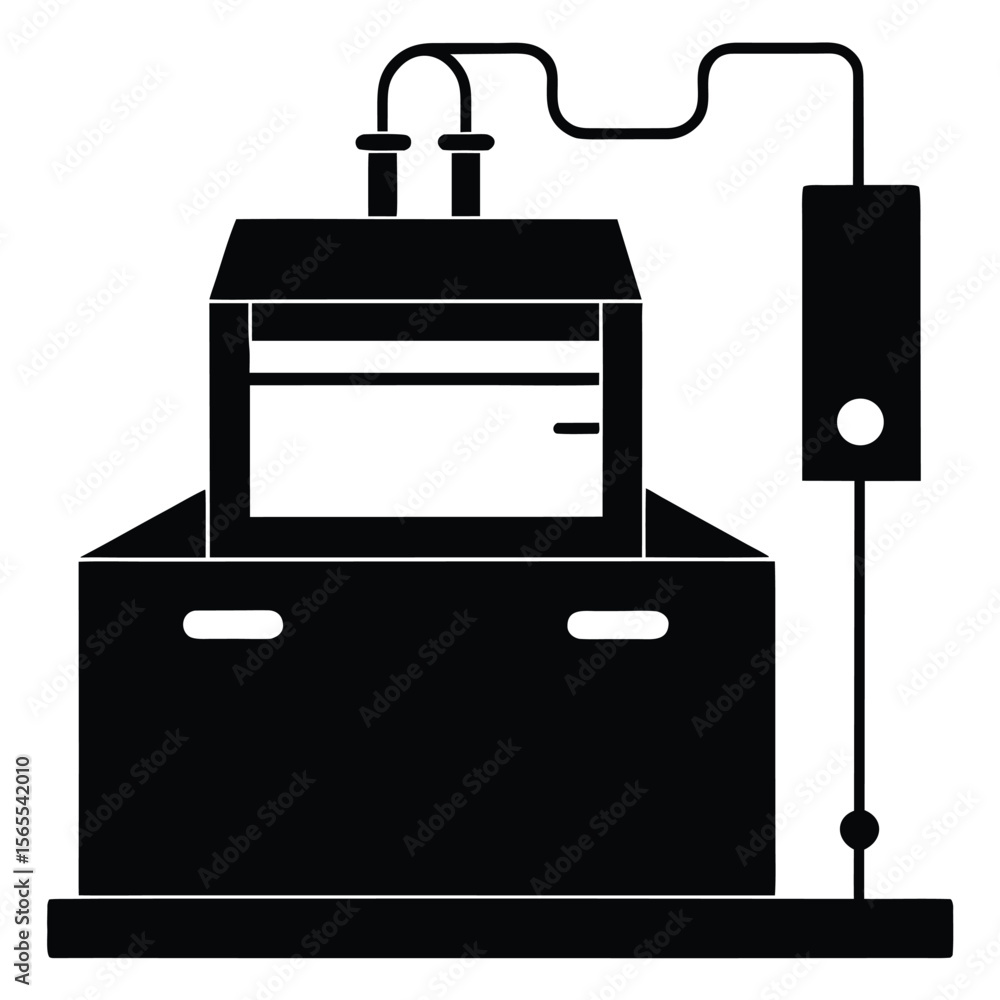 Black container is connected by wires and tubes in this element Black container is connected by wires and tubes in this element