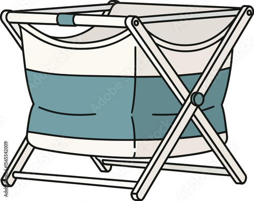 Vector illustration of a foldable laundry hamper in white and teal colors on a white background