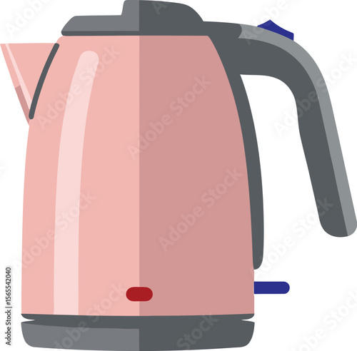 A flat minimalist illustration of a modern pink electric kettle for domestic use with gray details.