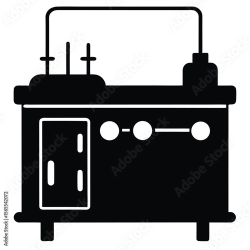 Black silhouette of a scientific machine shows an apparatus with pipes and knobs