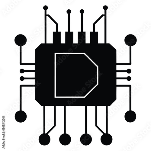 A black microchip with a white D outlined inside is seen against white