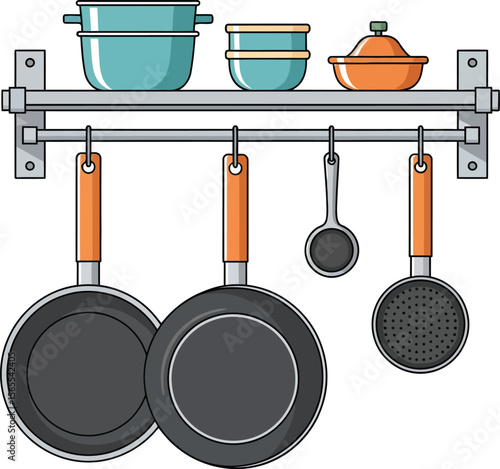 Illustrated kitchen tools hanging on a wall rack including pots pans ladle and cooking utensils