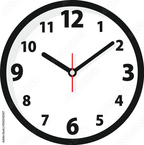 Simple analog clock showing time approximately at ten minutes past ten in flat design style